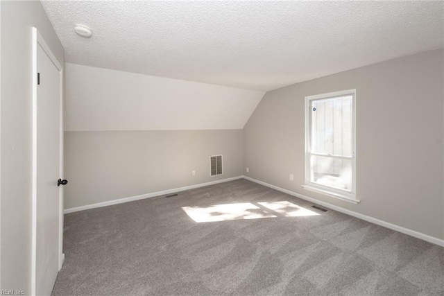 additional living space featuring a textured ceiling, carpet flooring, and vaulted ceiling