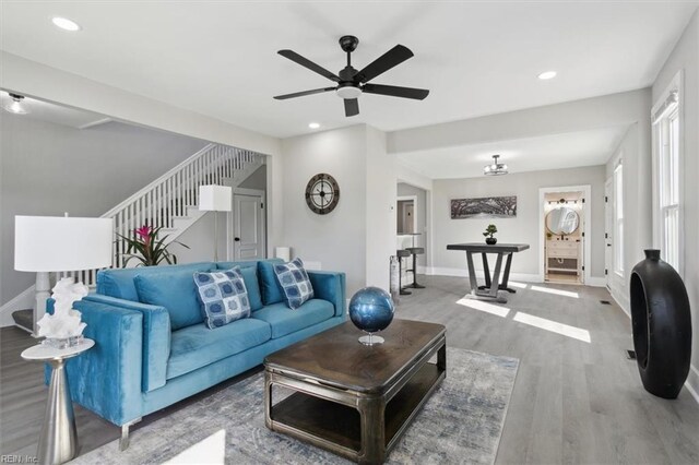 318 Sycamore Ave, Newport News, VA 23607 - living area with stairway, wood finished floors, ceiling fan, baseboards, and recessed lighting