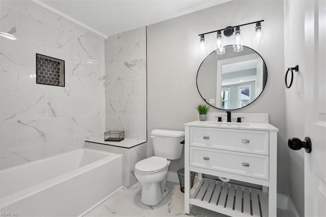 bathroom with a washtub, vanity, and toilet