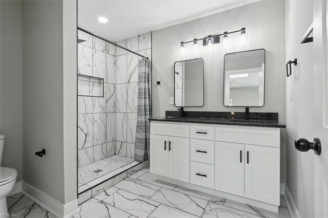 318 Sycamore Ave, Newport News, VA 23607 - bathroom featuring marble finish floors, toilet, a stall shower, double vanity, and recessed lighting