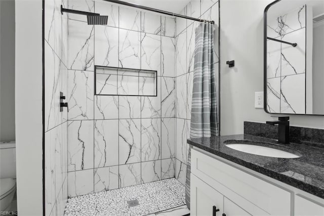 bathroom featuring vanity, toilet, and a shower with curtain