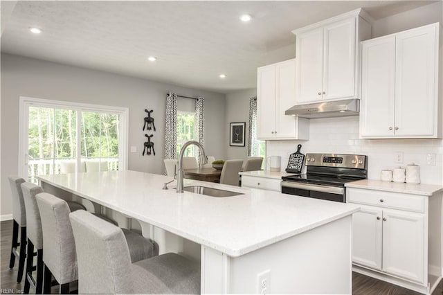 kitchen featuring dark hardwood / wood-style floors, a center island with sink, stainless steel range with electric stovetop, and sink