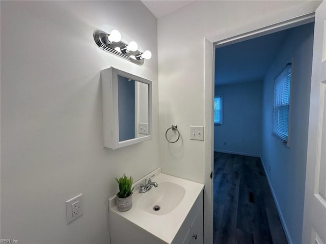 bathroom featuring vanity and wood-type flooring