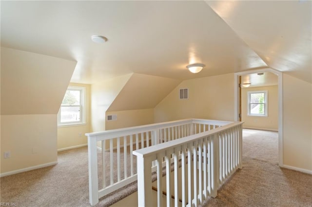 additional living space with light colored carpet, vaulted ceiling, and a wealth of natural light