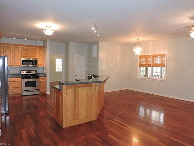 kitchen with stainless steel appliances, a wealth of natural light, pendant lighting, and dark hardwood / wood-style flooring