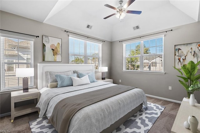 bedroom featuring carpet, lofted ceiling, and ceiling fan