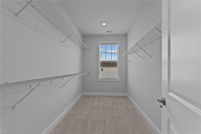 spacious closet featuring light colored carpet