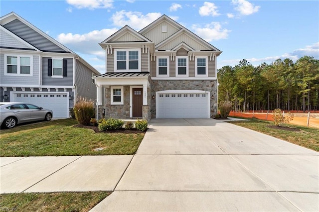 craftsman inspired home featuring a garage and a front yard