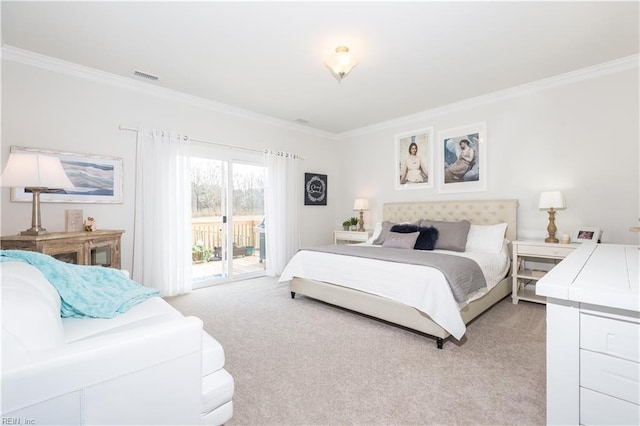 bedroom with light carpet, crown molding, and access to exterior