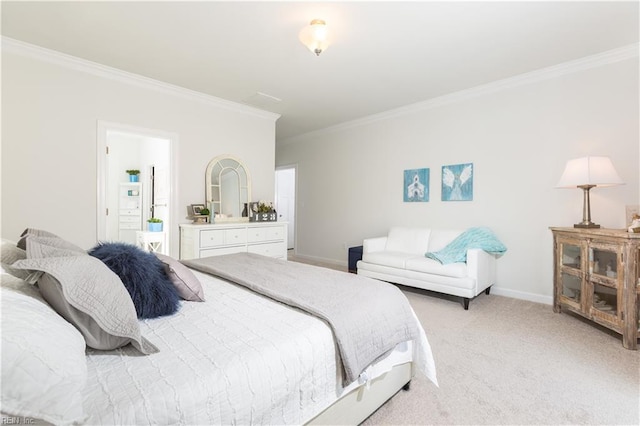 carpeted bedroom with crown molding