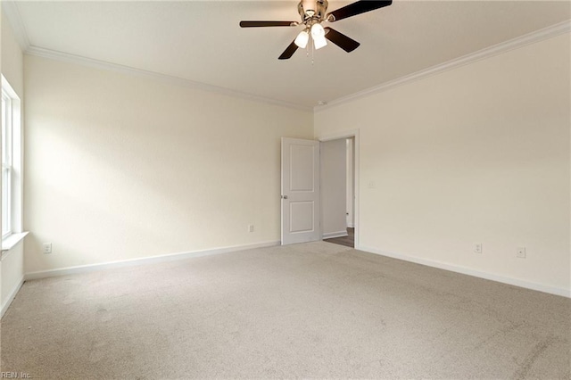 spare room with crown molding, carpet flooring, baseboards, and plenty of natural light