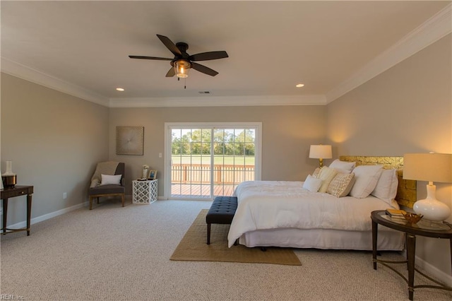 bedroom with access to exterior, ornamental molding, carpet floors, and ceiling fan