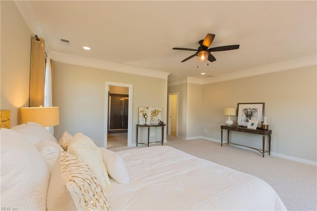 bedroom featuring light colored carpet, ceiling fan, and crown molding