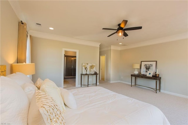 5043 Annapolis Dr, Chesapeake, VA 23321 - bedroom with crown molding, baseboards, light colored carpet, recessed lighting, and ensuite bath