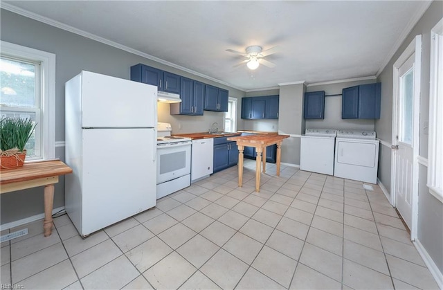 kitchen featuring separate washer and dryer, ceiling fan, white appliances, crown molding, and blue cabinets