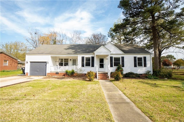 single story home featuring a front lawn, a garage, and covered porch