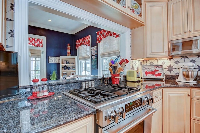 kitchen featuring dark stone counters, decorative backsplash, a healthy amount of sunlight, and stainless steel appliances