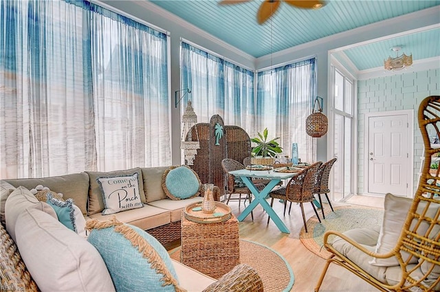 sunroom / solarium featuring ceiling fan and wooden ceiling