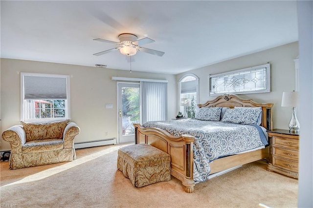 bedroom with light carpet, baseboard heating, ceiling fan, and access to exterior