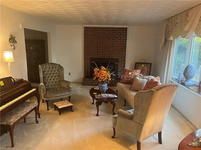 carpeted living room with a fireplace and a textured ceiling