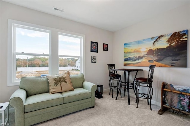 living room featuring light carpet