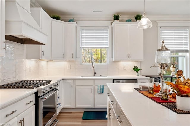 kitchen with white cabinetry, custom exhaust hood, appliances with stainless steel finishes, hanging light fixtures, and sink