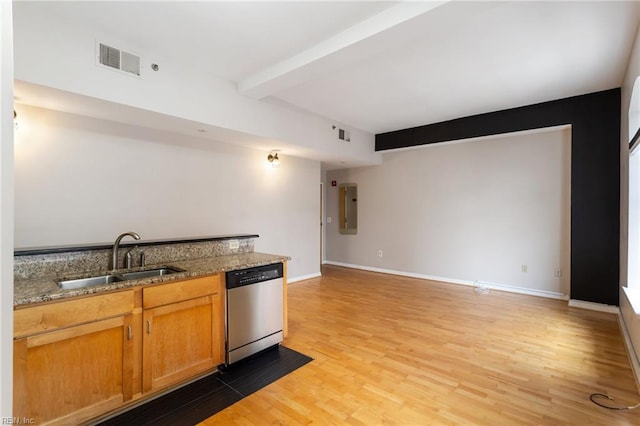 kitchen with light stone countertops, dishwasher, beamed ceiling, sink, and light wood-type flooring