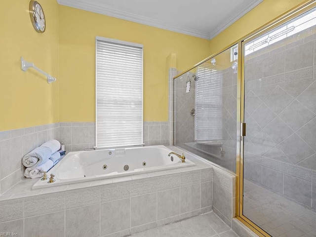 bathroom featuring ornamental molding, tile patterned flooring, and plus walk in shower