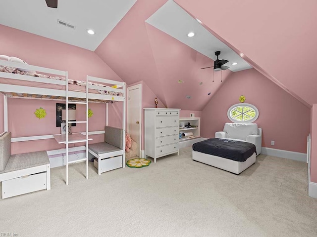 bedroom with carpet flooring, lofted ceiling, and ceiling fan