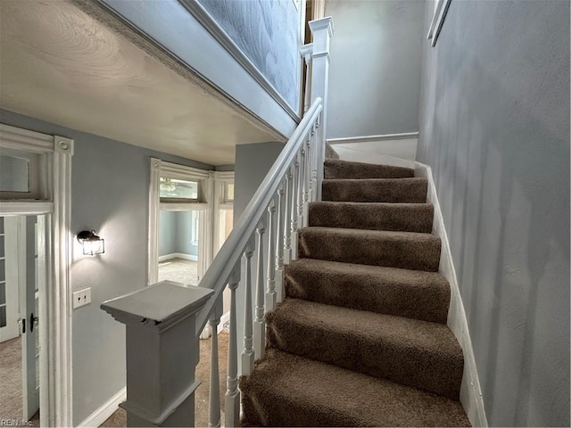 stairs featuring carpet flooring