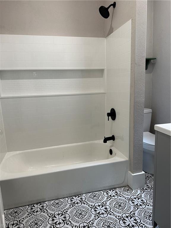 full bathroom with vanity, tile patterned floors, tub / shower combination, and toilet