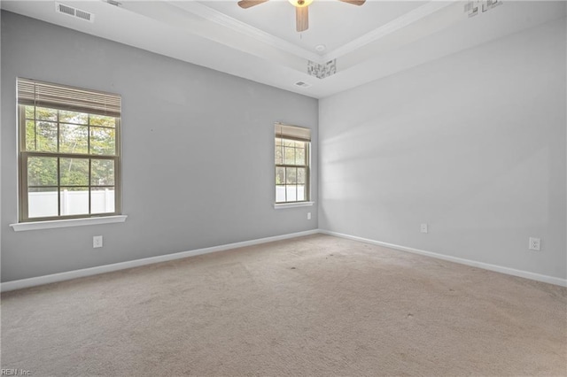 spare room featuring carpet flooring, ceiling fan, and a raised ceiling