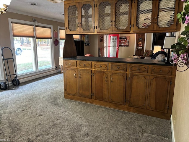 kitchen with a textured ceiling, light colored carpet, kitchen peninsula, and ornamental molding