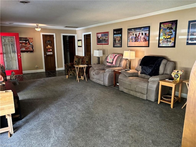 carpeted living room with a textured ceiling and ornamental molding