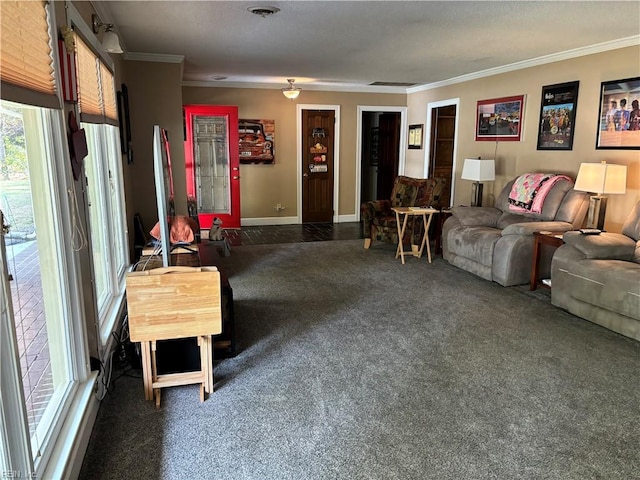 carpeted living room featuring crown molding