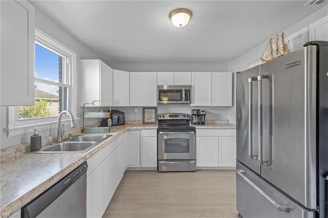 kitchen with white cabinets, sink, light wood-type flooring, and appliances with stainless steel finishes