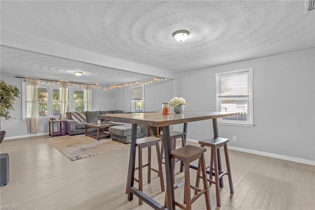 dining room with a textured ceiling, wood-type flooring, and plenty of natural light