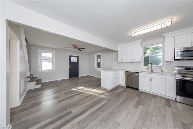 kitchen with kitchen peninsula, a wealth of natural light, appliances with stainless steel finishes, and hardwood / wood-style flooring