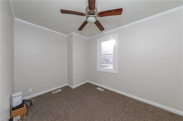 unfurnished room with carpet floors, ceiling fan, and crown molding