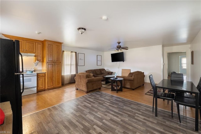 living room with dark hardwood / wood-style flooring and ceiling fan