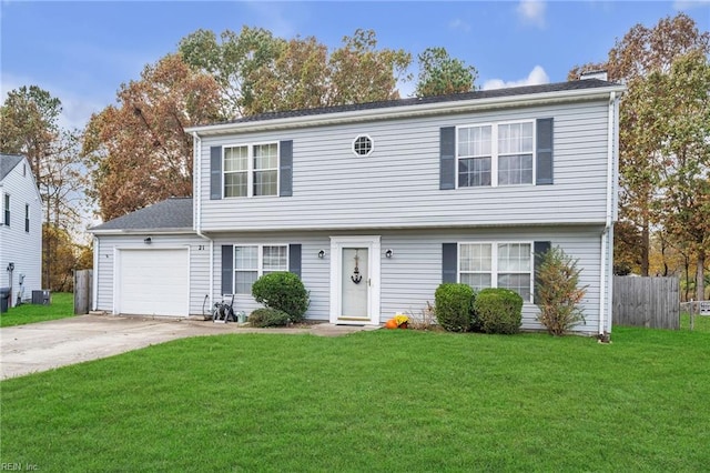 view of front of house featuring a garage, cooling unit, and a front lawn