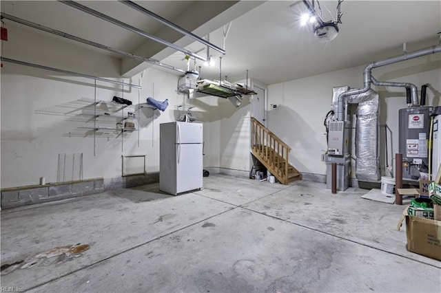 garage with water heater and white refrigerator