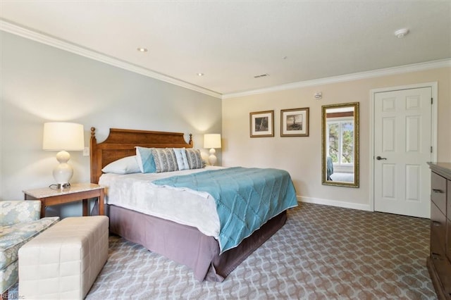 bedroom featuring light carpet and crown molding