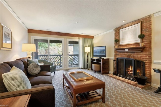 living room with a brick fireplace, carpet, and ornamental molding