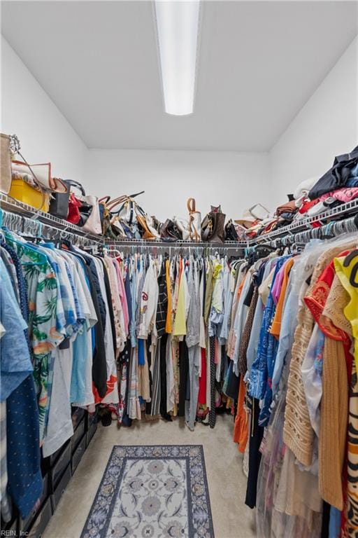 walk in closet with light carpet