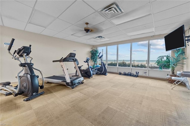 gym with ceiling fan, carpet floors, and a drop ceiling