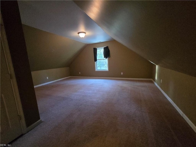 additional living space featuring lofted ceiling and carpet floors