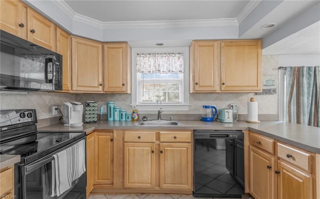 kitchen featuring backsplash, sink, black appliances, and crown molding