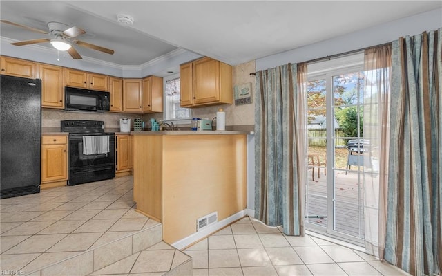 kitchen with kitchen peninsula, black appliances, ornamental molding, ceiling fan, and light tile patterned flooring