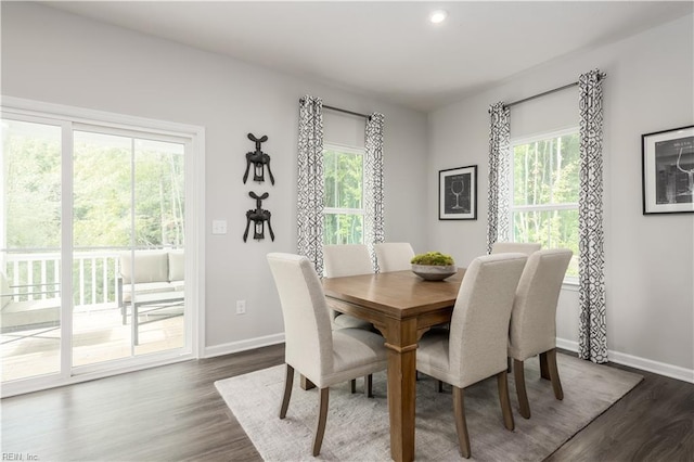 dining area with plenty of natural light and dark wood-type flooring